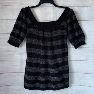 Sweater Project Black and Metallic Silver Striped Sweater Square Neck Size S